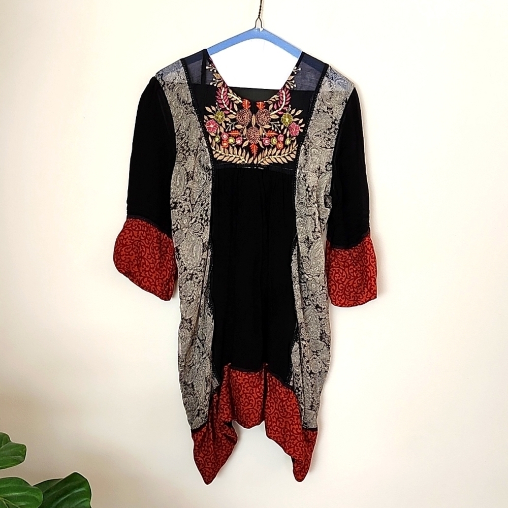 Sheer embroidered tunic top, mixed media, 3/4 sleeve, floral, resortwear blouse
